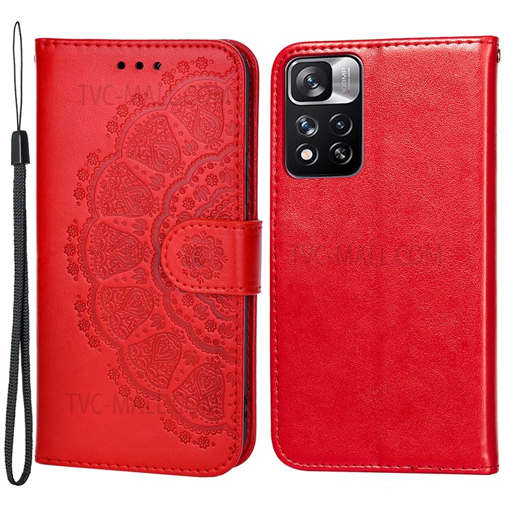 Mandala Flower Imprinted Pattern PU Leather Wallet Supporting Stand Phone Cover Phone Case for Xiaomi Redmi Note 11 Pro+ / Redmi Note 11 Pro - Red-1