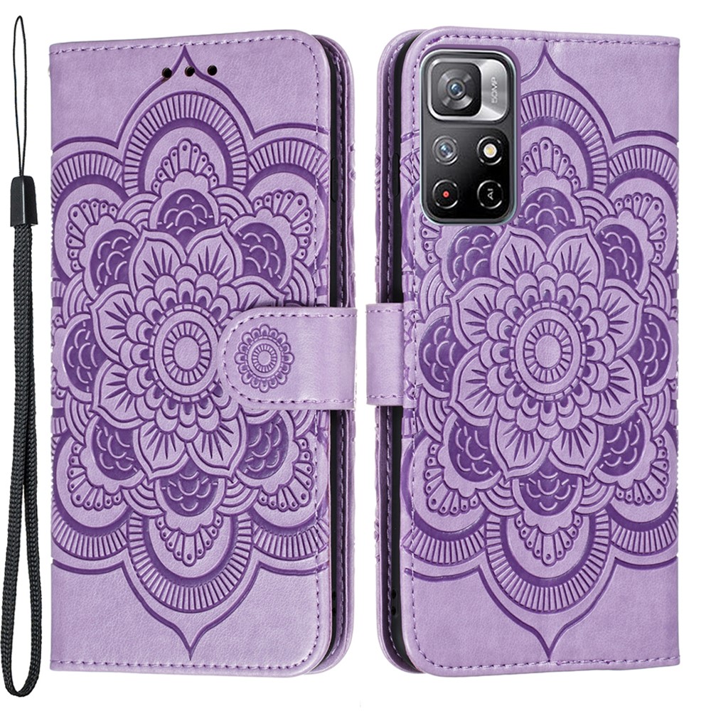 PU Leather Wallet Case Mandala Flower Imprinted Stand Full-body Protective Cover with Strap for Xiaomi Redmi Note 11 / Poco M4 Pro 5G - Purple-1