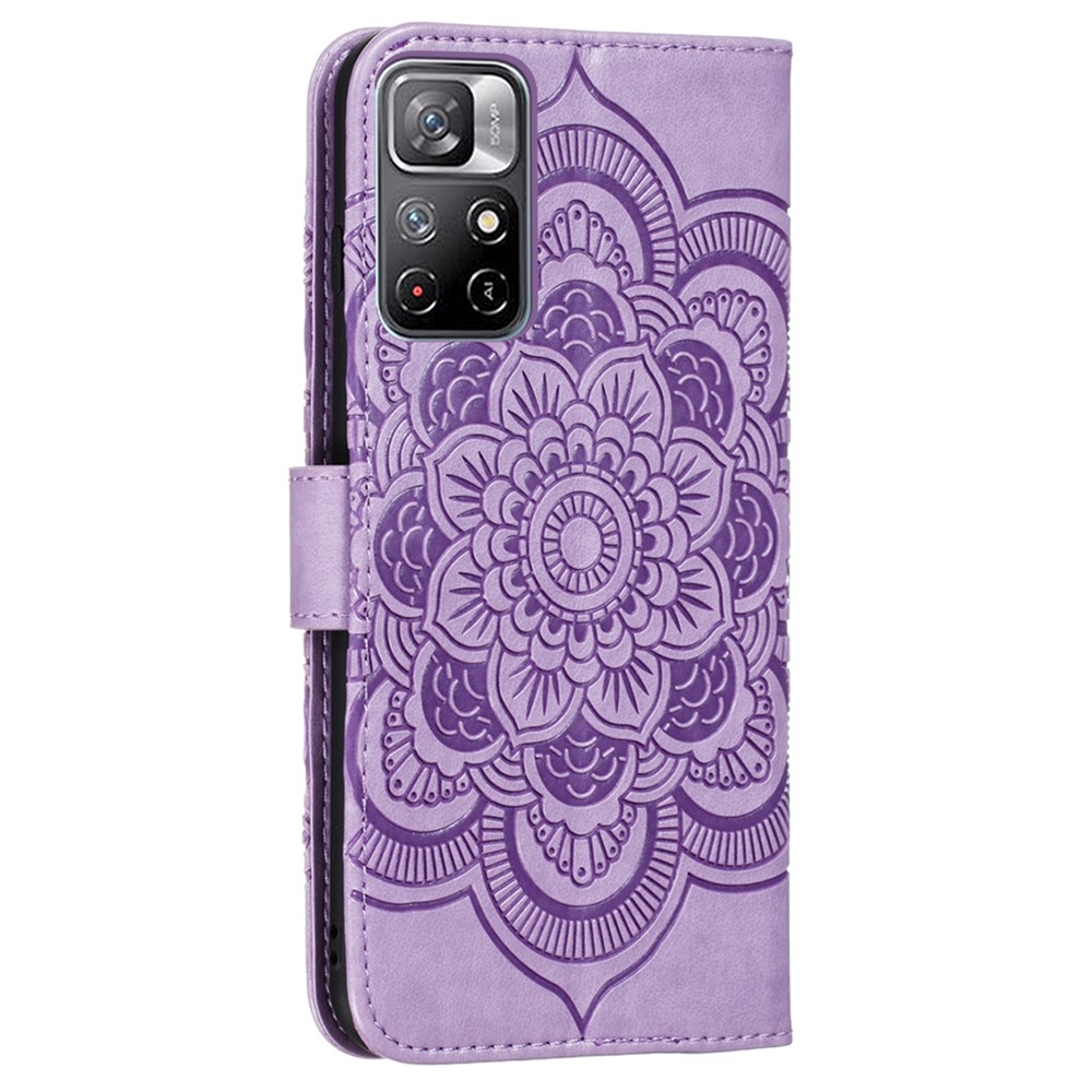 PU Leather Wallet Case Mandala Flower Imprinted Stand Full-body Protective Cover with Strap for Xiaomi Redmi Note 11 / Poco M4 Pro 5G - Purple-3