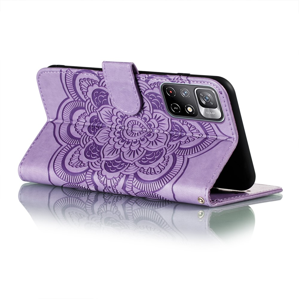 PU Leather Wallet Case Mandala Flower Imprinted Stand Full-body Protective Cover with Strap for Xiaomi Redmi Note 11 / Poco M4 Pro 5G - Purple-5