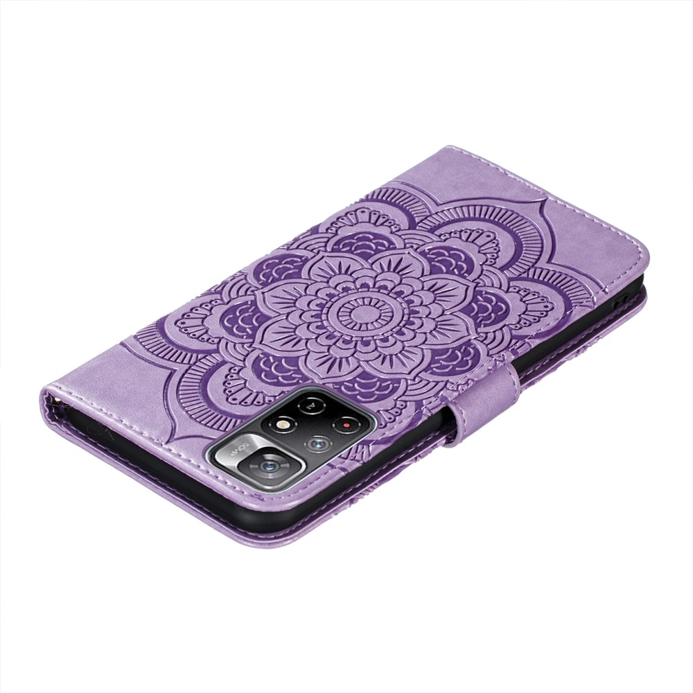 PU Leather Wallet Case Mandala Flower Imprinted Stand Full-body Protective Cover with Strap for Xiaomi Redmi Note 11 / Poco M4 Pro 5G - Purple-8
