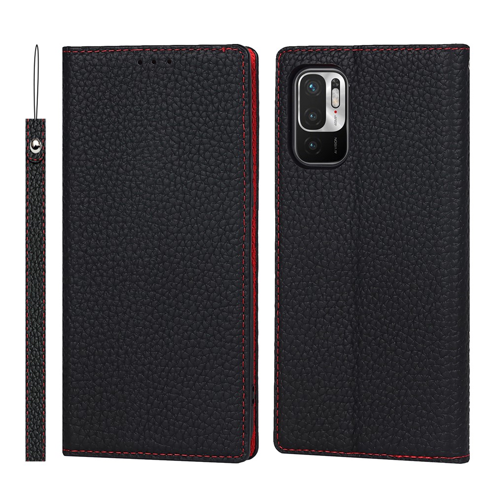 Litchi Skin Genuine Leather Phone Cover Anti-fall Stand Design Phone Case with Wrist Strap for Xiaomi Redmi Note 10 JE - Black-1