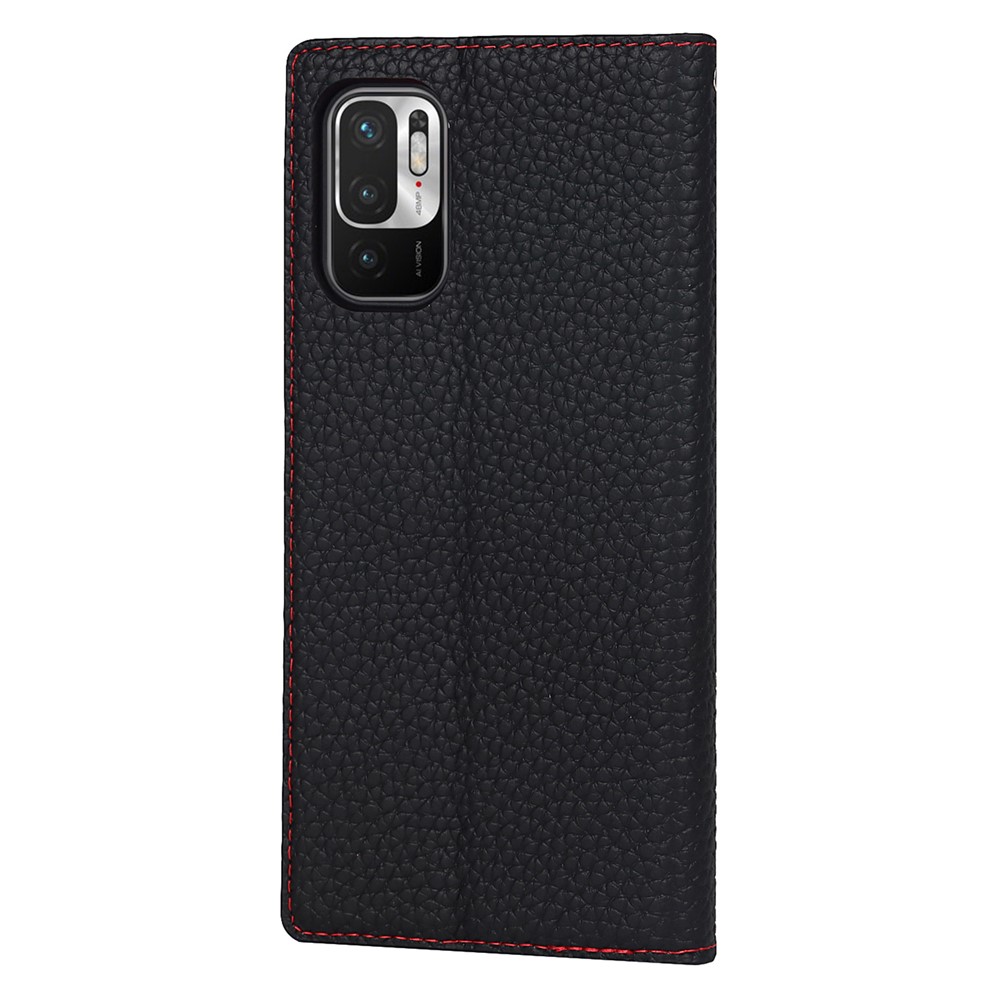 Litchi Skin Genuine Leather Phone Cover Anti-fall Stand Design Phone Case with Wrist Strap for Xiaomi Redmi Note 10 JE - Black-3