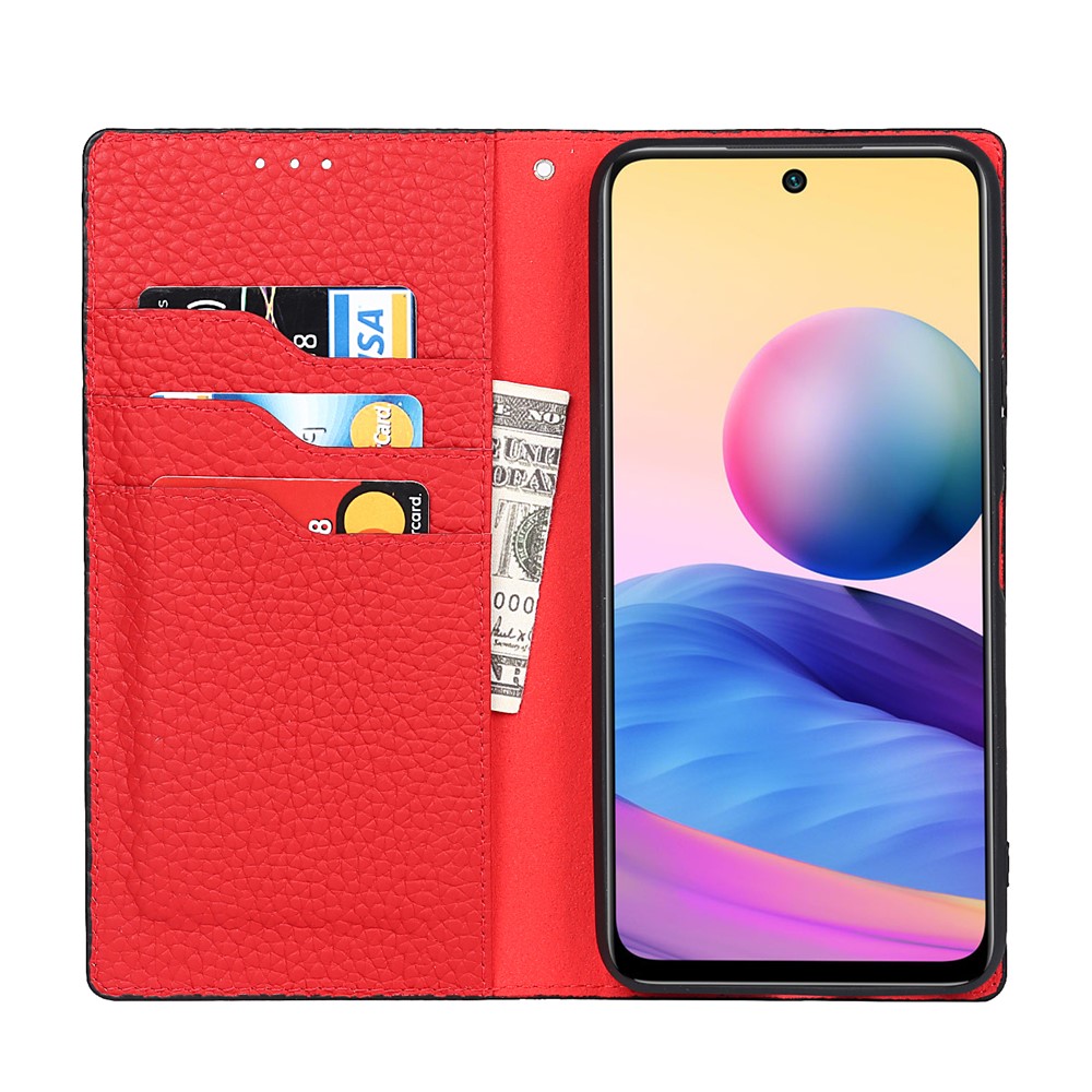 Litchi Skin Genuine Leather Phone Cover Anti-fall Stand Design Phone Case with Wrist Strap for Xiaomi Redmi Note 10 JE - Black-4