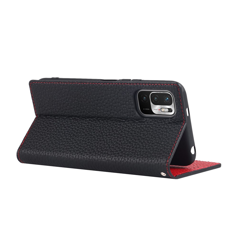 Litchi Skin Genuine Leather Phone Cover Anti-fall Stand Design Phone Case with Wrist Strap for Xiaomi Redmi Note 10 JE - Black-6