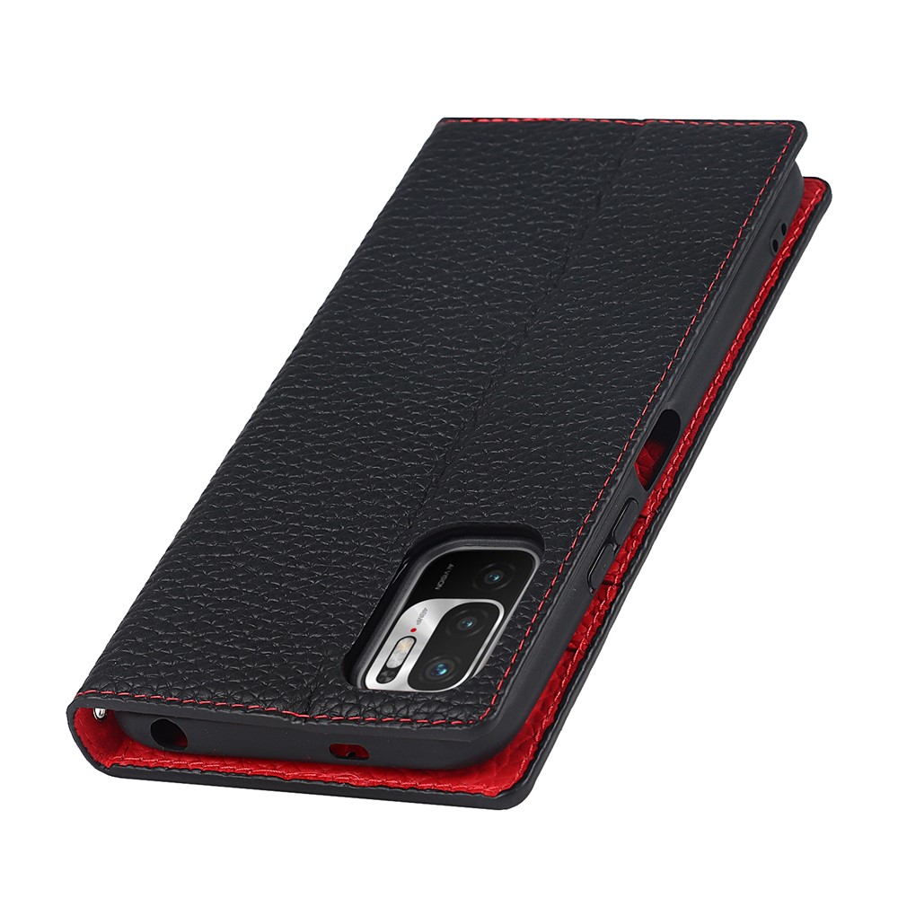 Litchi Skin Genuine Leather Phone Cover Anti-fall Stand Design Phone Case with Wrist Strap for Xiaomi Redmi Note 10 JE - Black-7