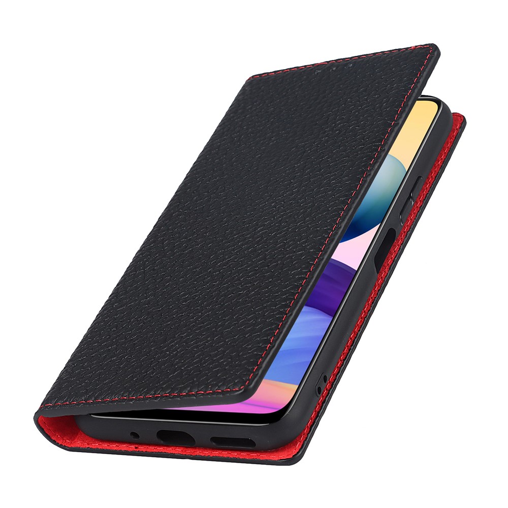 Litchi Skin Genuine Leather Phone Cover Anti-fall Stand Design Phone Case with Wrist Strap for Xiaomi Redmi Note 10 JE - Black-8