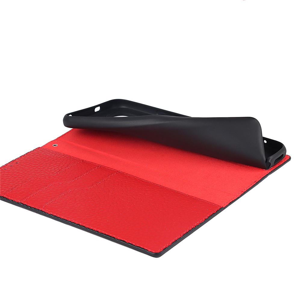 Litchi Skin Genuine Leather Phone Cover Anti-fall Stand Design Phone Case with Wrist Strap for Xiaomi Redmi Note 10 JE - Black-9