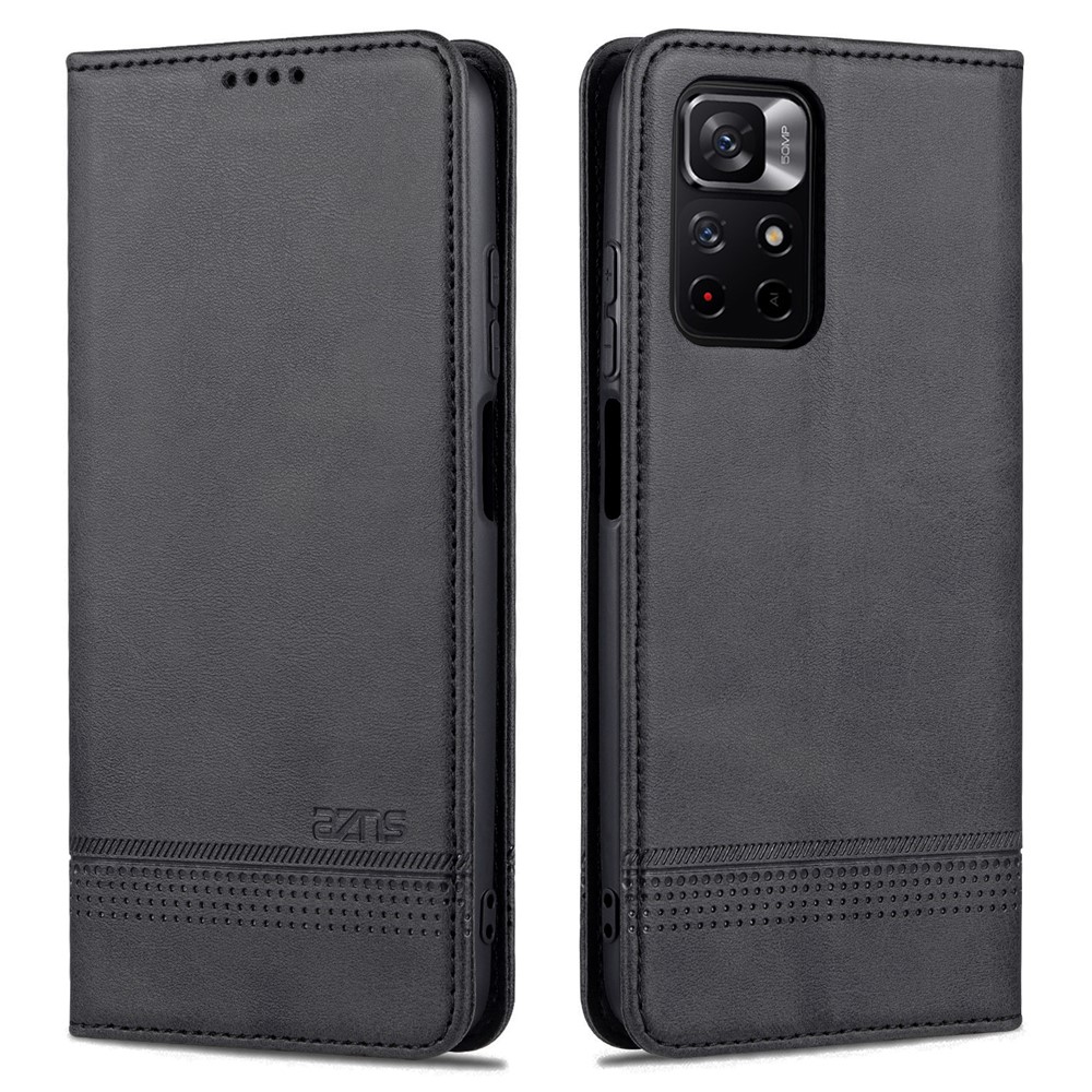 AZNS Auto-absorbed Wallet Design PU Leather Shockproof Phone Stand Cover Case for Xiaomi Redmi Note 11/Poco M4 Pro 5G - Black-1