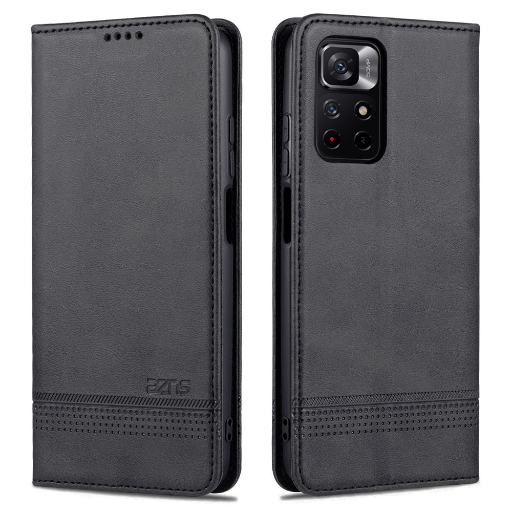 Azns Diseño de Billetera Autoabsorbido a Azn PU Case de Cubierta de Teléfono de Choque de Cuero Para Xiaomi Redmi Note 11 5G (China) (MediaTek)/Poco M4 Pro 5G - Negro