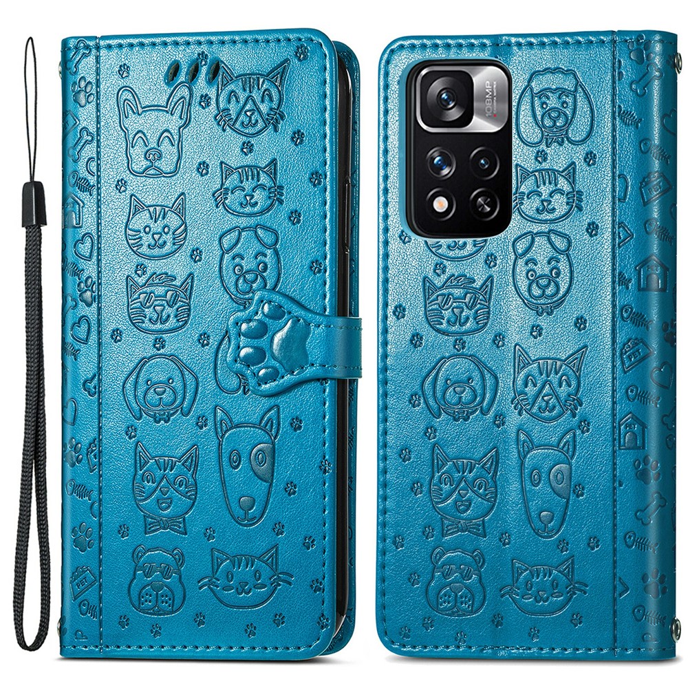 Cat Dog Pattern Imprinted Magnetic PU Leather Phone Case Wallet Stand Folio Flip Protective Cover with Strap for Xiaomi Redmi Note 11 Pro / Note 11 Pro+ - Blue-1