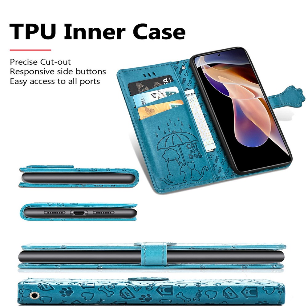 Cat Dog Pattern Imprinted Magnetic PU Leather Phone Case Wallet Stand Folio Flip Protective Cover with Strap for Xiaomi Redmi Note 11 Pro / Note 11 Pro+ - Blue-8