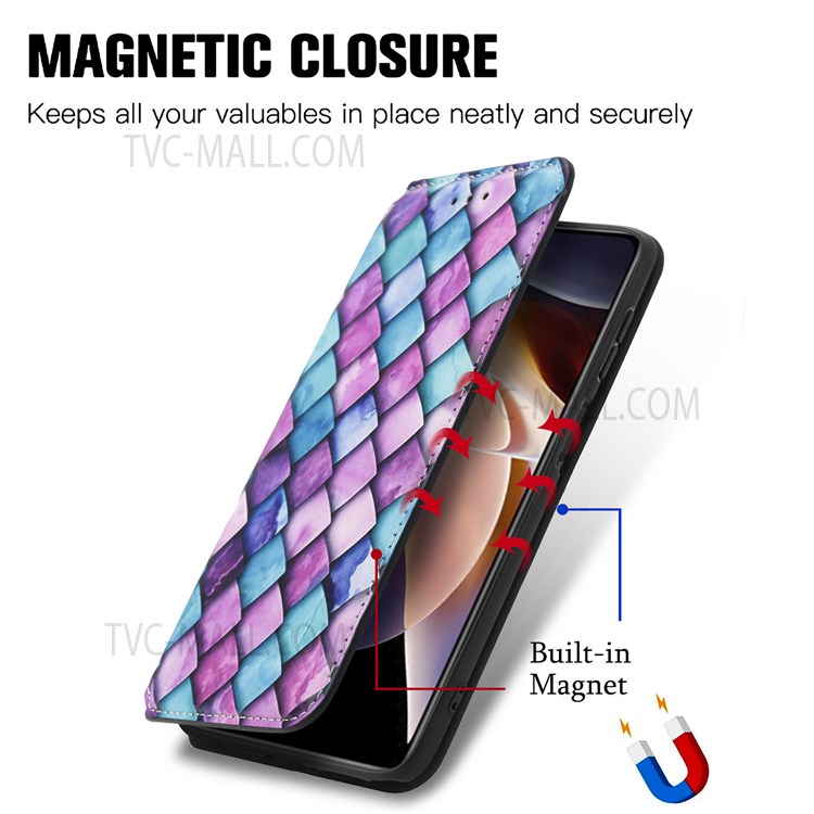 CASENEO 001 Series Pattern Printing RFID Blocking Leather Case Wallet Stand Flip Auto Closing Magnetic Cover for Xiaomi Redmi Note 11 Pro / Note 11 Pro+ - Purple Scale-2