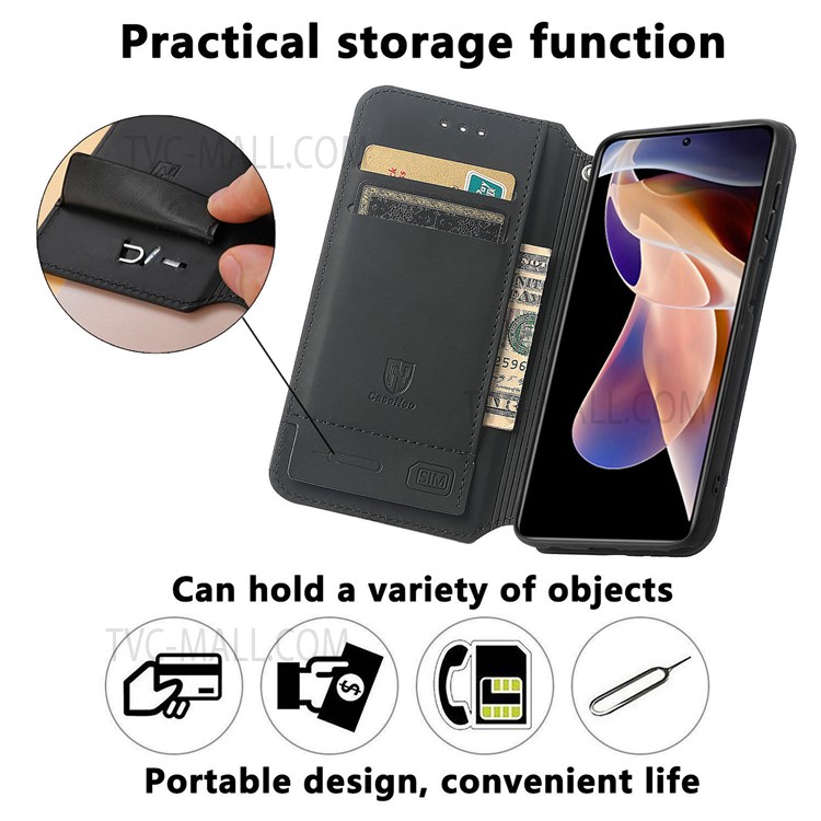 CASENEO 001 Series Pattern Printing RFID Blocking Leather Case Wallet Stand Flip Auto Closing Magnetic Cover for Xiaomi Redmi Note 11 Pro / Note 11 Pro+ - Purple Scale-6