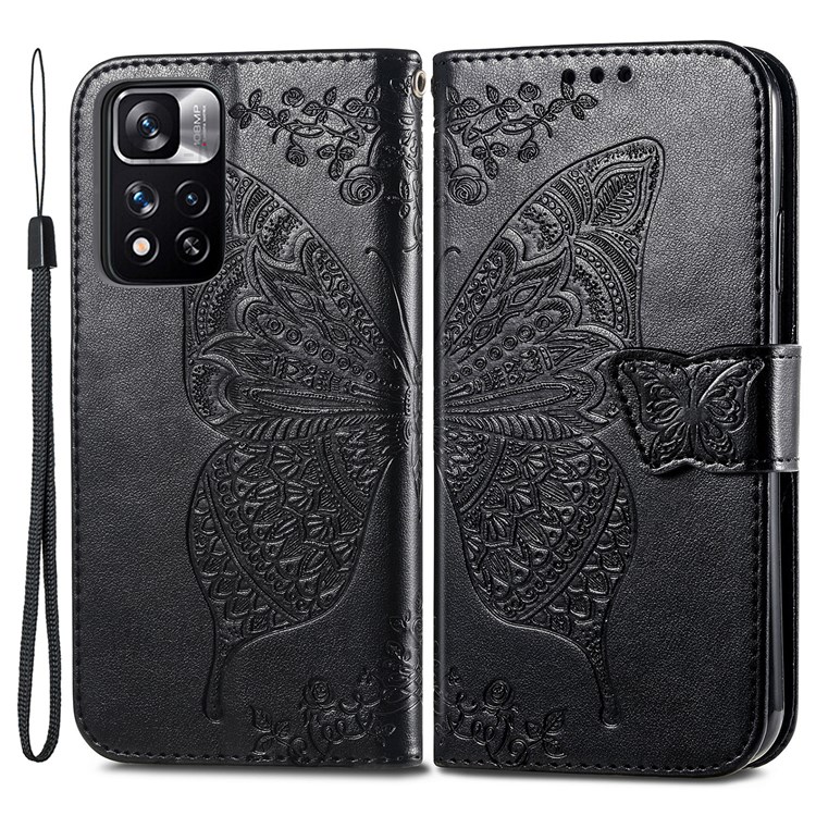 Imprinting Butterfly Flower Pattern Well-protected Anti-scratch Wallet Stand Leather Phone Case Shell with Strap for Xiaomi Redmi Note 11 Pro/Note 11 Pro+ - Black-1