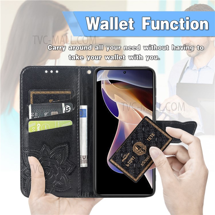 Imprinting Butterfly Flower Pattern Well-protected Anti-scratch Wallet Stand Leather Phone Case Shell with Strap for Xiaomi Redmi Note 11 Pro/Note 11 Pro+ - Black-3