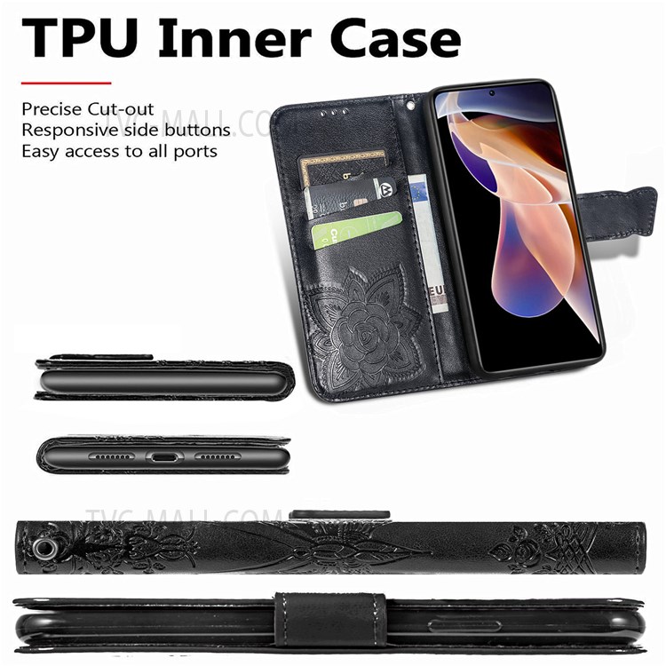 Imprinting Butterfly Flower Pattern Well-protected Anti-scratch Wallet Stand Leather Phone Case Shell with Strap for Xiaomi Redmi Note 11 Pro/Note 11 Pro+ - Black-4