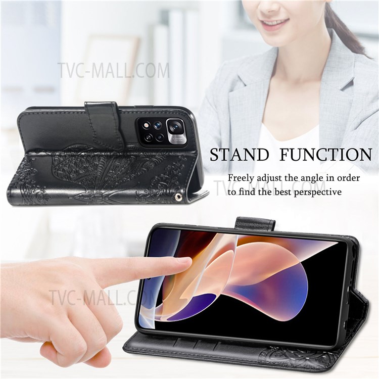 Imprinting Butterfly Flower Pattern Well-protected Anti-scratch Wallet Stand Leather Phone Case Shell with Strap for Xiaomi Redmi Note 11 Pro/Note 11 Pro+ - Black-6