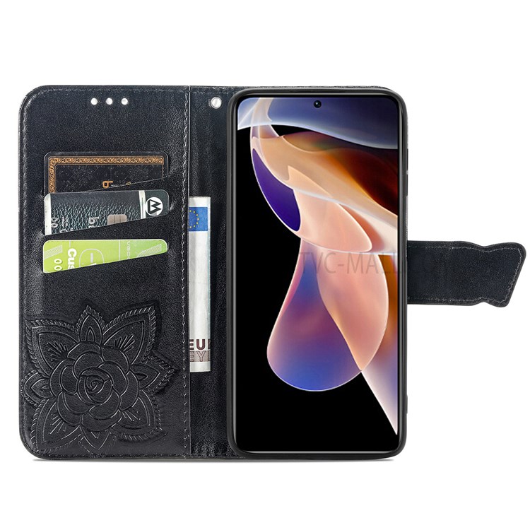 Imprinting Butterfly Flower Pattern Well-protected Anti-scratch Wallet Stand Leather Phone Case Shell with Strap for Xiaomi Redmi Note 11 Pro/Note 11 Pro+ - Black-8