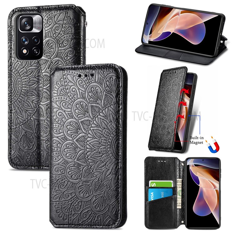 Ultra-thin PU Leather + TPU Magnetic Auto-absorbed Mandala Flower Pattern Imprinted Wallet Stand Flip Cover for Xiaomi Redmi Note 11 Pro/Note 11 Pro+ - Black-13