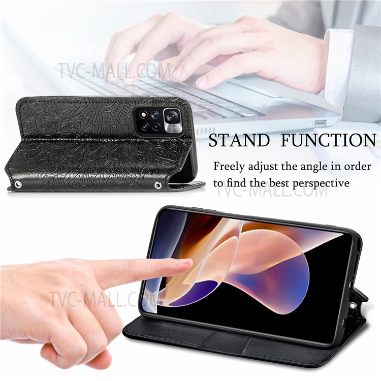 Ultra-thin PU Leather + TPU Magnetic Auto-absorbed Mandala Flower Pattern Imprinted Wallet Stand Flip Cover for Xiaomi Redmi Note 11 Pro/Note 11 Pro+ - Black-3