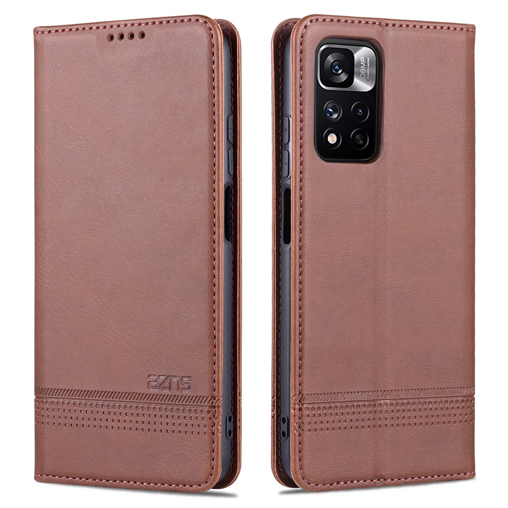 AZNS Anti-fall Well-protected Auto-absorbed Wallet Design PU Leather Phone Stand Cover Case for Xiaomi Redmi Note 11 Pro/Note 11 Pro+ - Coffee-1