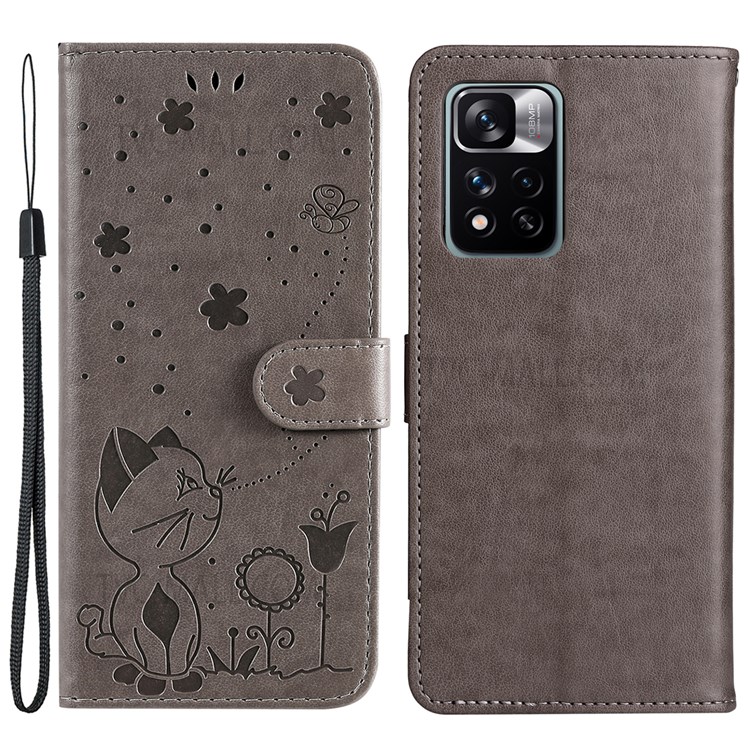 Flip Phone Case Wallet Design Cat and Bee Pattern Imprinting Leather Phone Cover Shell with Stand for Xiaomi Redmi Note 11 Pro+ / Redmi Note 11 Pro - Grey-1