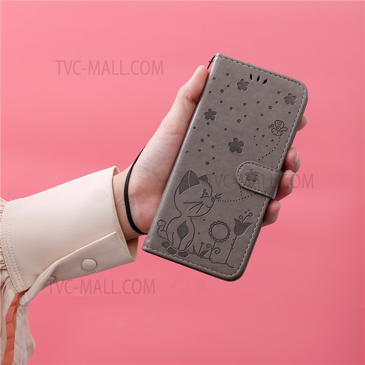 Flip Phone Case Wallet Design Cat and Bee Pattern Imprinting Leather Phone Cover Shell with Stand for Xiaomi Redmi Note 11 Pro+ / Redmi Note 11 Pro - Grey-10