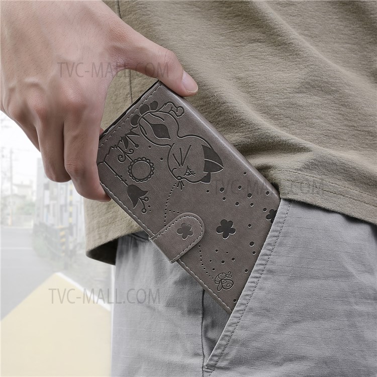 Flip Phone Case Wallet Design Cat and Bee Pattern Imprinting Leather Phone Cover Shell with Stand for Xiaomi Redmi Note 11 Pro+ / Redmi Note 11 Pro - Grey-11