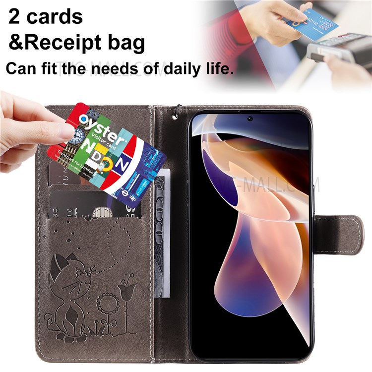 Flip Phone Case Wallet Design Cat and Bee Pattern Imprinting Leather Phone Cover Shell with Stand for Xiaomi Redmi Note 11 Pro+ / Redmi Note 11 Pro - Grey-2