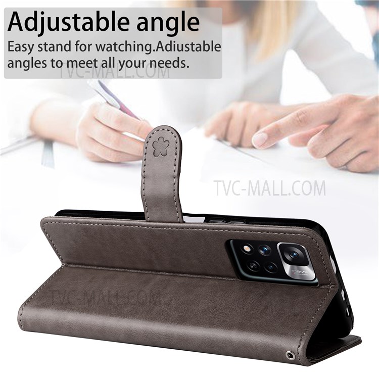 Flip Phone Case Wallet Design Cat and Bee Pattern Imprinting Leather Phone Cover Shell with Stand for Xiaomi Redmi Note 11 Pro+ / Redmi Note 11 Pro - Grey-3