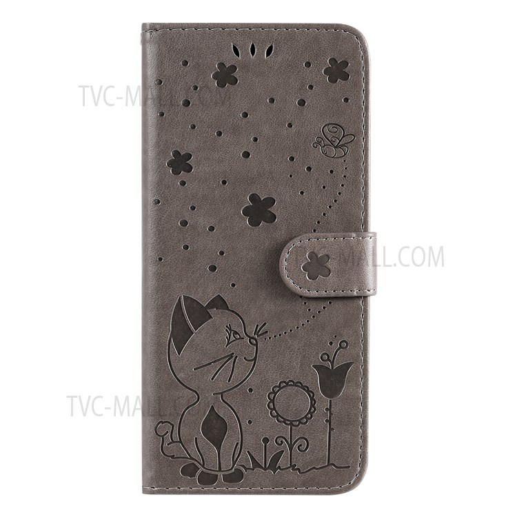 Flip Phone Case Wallet Design Cat and Bee Pattern Imprinting Leather Phone Cover Shell with Stand for Xiaomi Redmi Note 11 Pro+ / Redmi Note 11 Pro - Grey-6