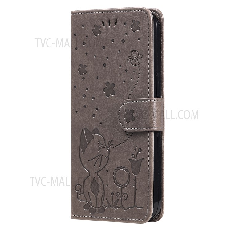 Flip Phone Case Wallet Design Cat and Bee Pattern Imprinting Leather Phone Cover Shell with Stand for Xiaomi Redmi Note 11 Pro+ / Redmi Note 11 Pro - Grey-7