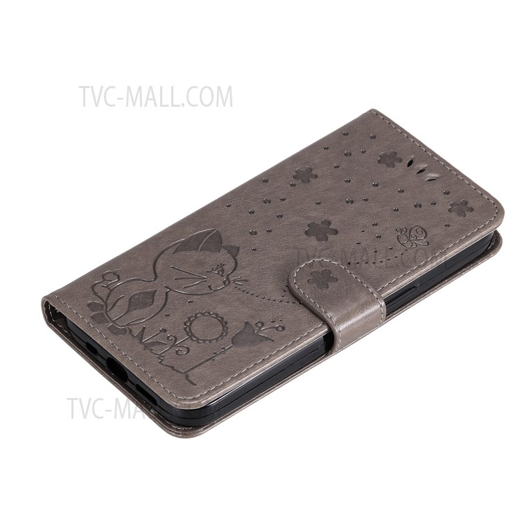 Flip Phone Case Wallet Design Cat and Bee Pattern Imprinting Leather Phone Cover Shell with Stand for Xiaomi Redmi Note 11 Pro+ / Redmi Note 11 Pro - Grey-9