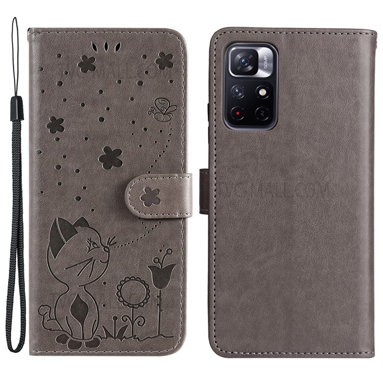 Flip Phone Case Wallet Stylish Cat and Bee Pattern Imprinting Leather Phone Cover Shell with Stand for Xiaomi Redmi Note 11 / Poco M4 Pro 5G / Redmi Note 11T 5G - Grey-1