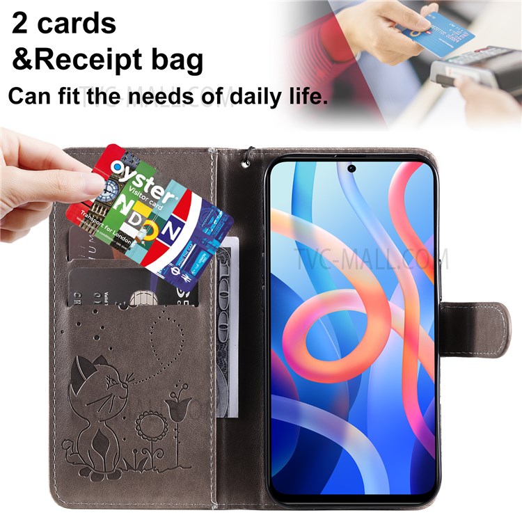 Flip Phone Case Wallet Stylish Cat and Bee Pattern Imprinting Leather Phone Cover Shell with Stand for Xiaomi Redmi Note 11 / Poco M4 Pro 5G / Redmi Note 11T 5G - Grey-2