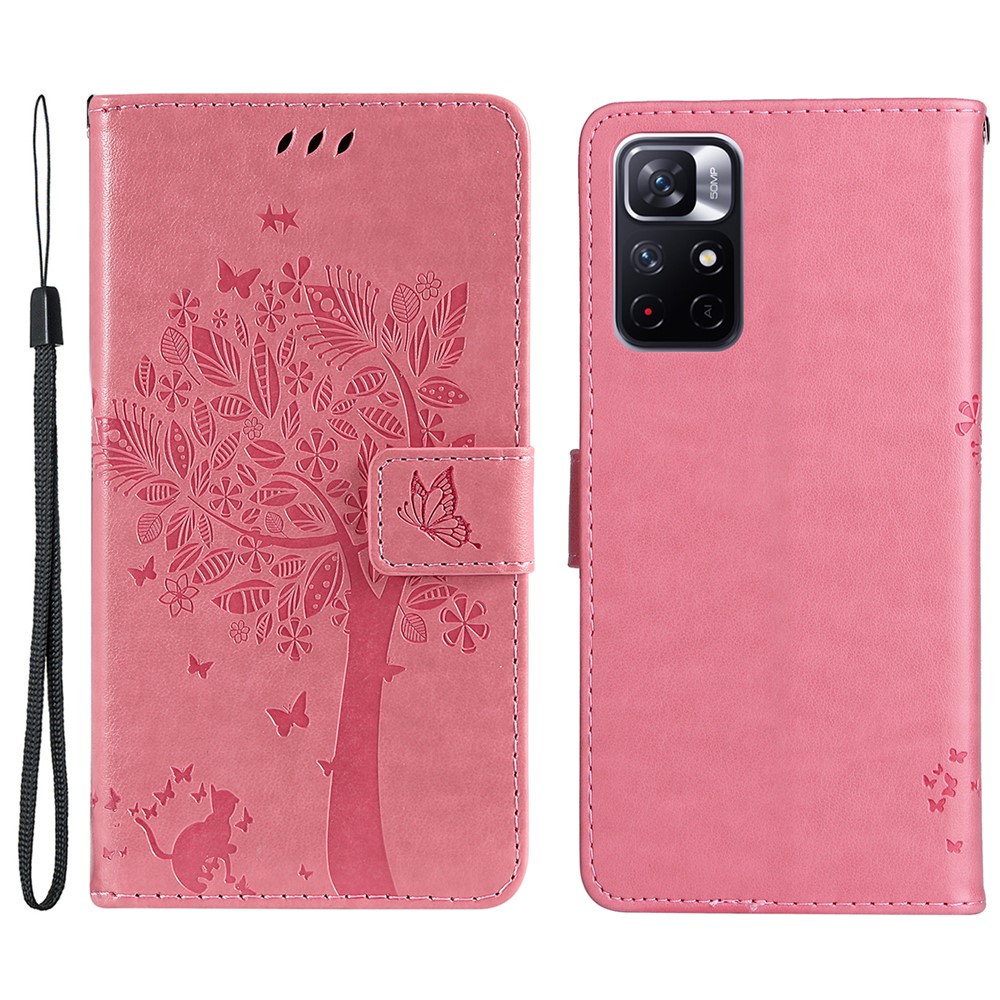 PU Leather Wallet Folio Flip Cover Cat and Tree Pattern Imprinted Stand Shockproof Phone Case with Strap for Xiaomi Redmi Note 11 / Poco M4 Pro 5G - Pink-1