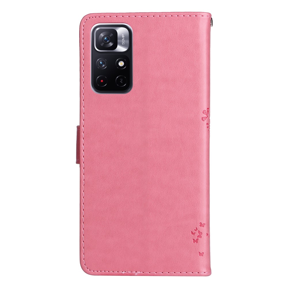 PU Leather Wallet Folio Flip Cover Cat and Tree Pattern Imprinted Stand Shockproof Phone Case with Strap for Xiaomi Redmi Note 11 / Poco M4 Pro 5G - Pink-3