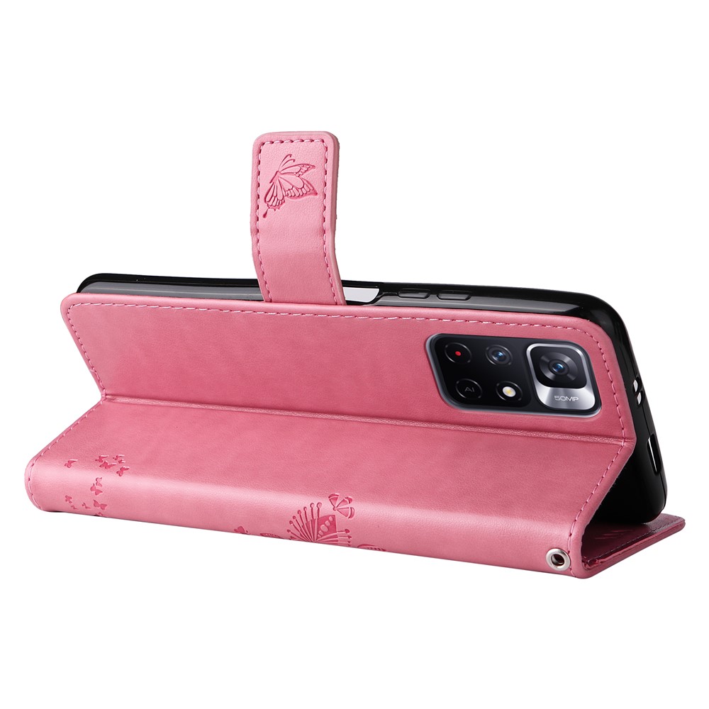 PU Leather Wallet Folio Flip Cover Cat and Tree Pattern Imprinted Stand Shockproof Phone Case with Strap for Xiaomi Redmi Note 11 / Poco M4 Pro 5G - Pink-4