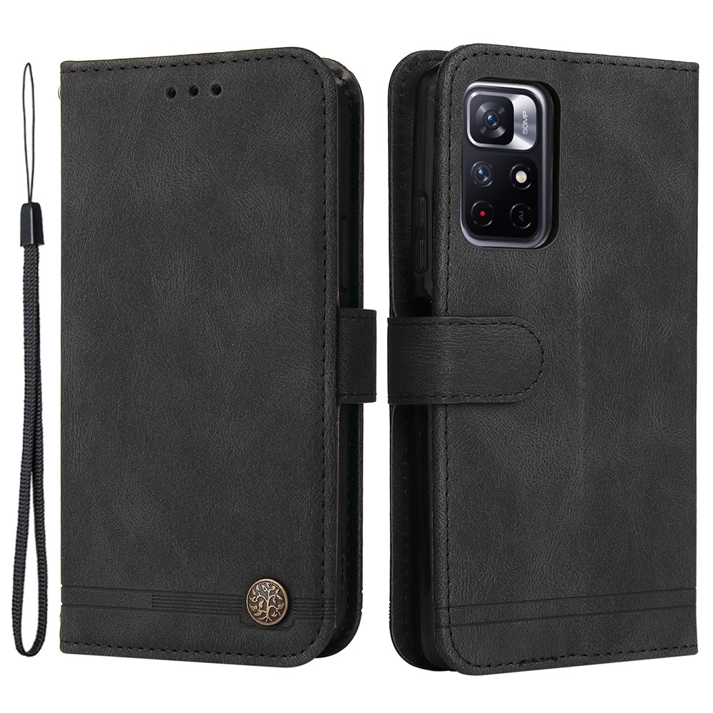 Tree Pattern Metal Button Skin-touch Leather Stand Case Wallet Shell with Strap for Xiaomi Redmi Note 11 5G/Poco M4 Pro 5G - Black-1