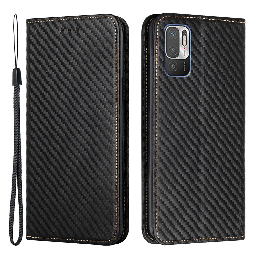 Carbon Fiber Texture Auto-absorbed Shockproof Leather Case Flip Phone Cover with Strap for Xiaomi Poco M3 Pro 4G/5G/Redmi Note 10 5G/Redmi Note 10T 5G - Black-1