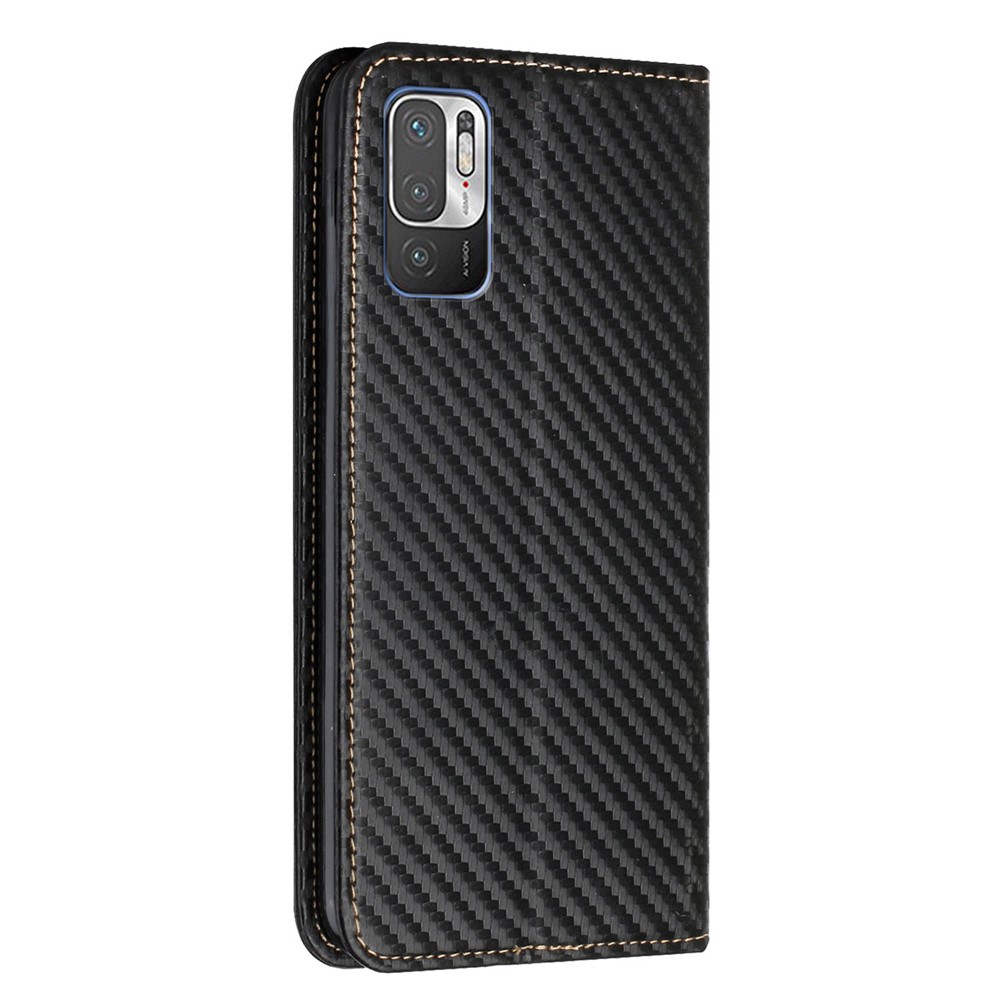 Carbon Fiber Texture Auto-absorbed Shockproof Leather Case Flip Phone Cover with Strap for Xiaomi Poco M3 Pro 4G/5G/Redmi Note 10 5G/Redmi Note 10T 5G - Black-3
