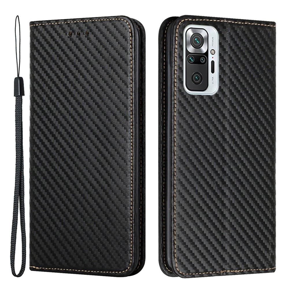 Solid Color Carbon Fiber Texture Magnetic Auto Closing Leather Stand Wallet Cover Phone Case for Xiaomi Redmi Note 10 Pro 4G (India)/(Global) - Black-1