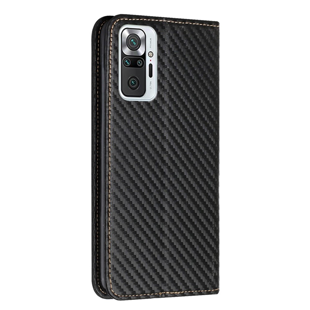 Solid Color Carbon Fiber Texture Magnetic Auto Closing Leather Stand Wallet Cover Phone Case for Xiaomi Redmi Note 10 Pro 4G (India)/(Global) - Black-3