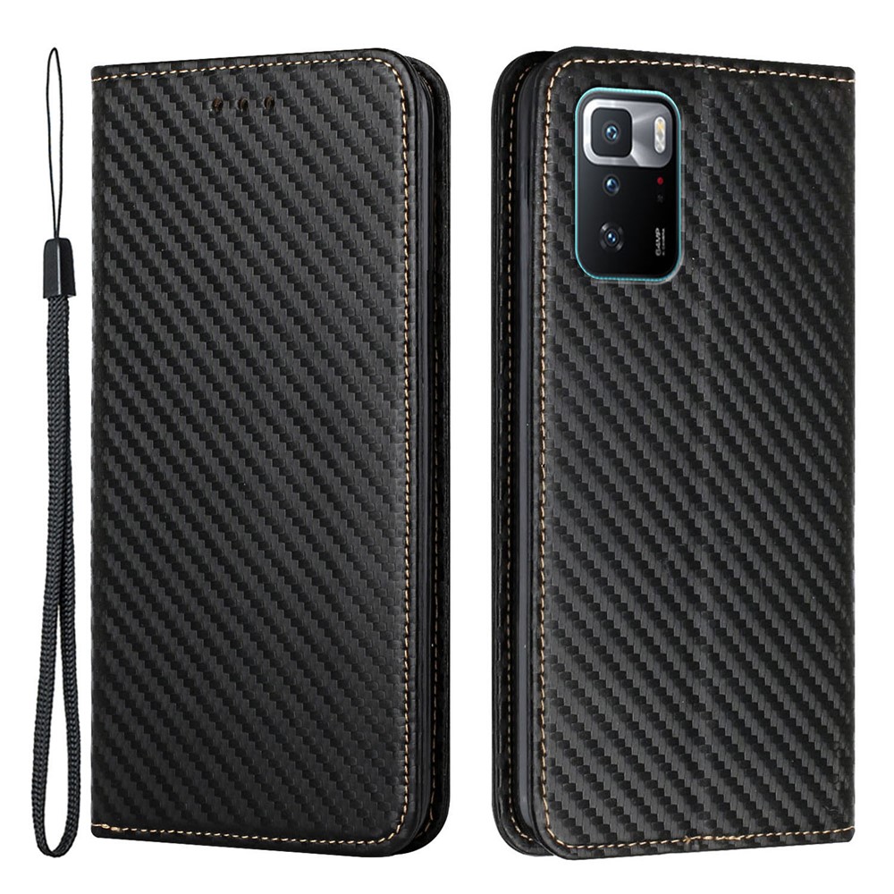 Carbon Fiber Texture PU Leather Cover TPU Phone Case with Stand Wallet for Xiaomi Redmi Note 10 Pro (China)/Poco X3 GT - Black-1