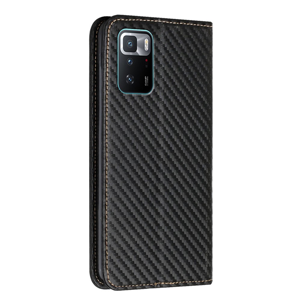 Carbon Fiber Texture PU Leather Cover TPU Phone Case with Stand Wallet for Xiaomi Redmi Note 10 Pro (China)/Poco X3 GT - Black-3
