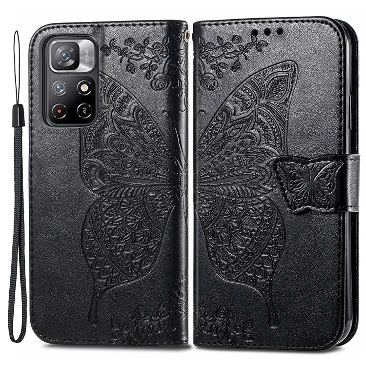 Scratch-resistant Fashionable Imprinted Butterfly Flower PU Leather + TPU Shockproof Phone Case Flip Stand Cover with Strap for Xiaomi Redmi Note 11T 5G / Redmi Note 11 / Poco M4 Pro 5G - Black-1