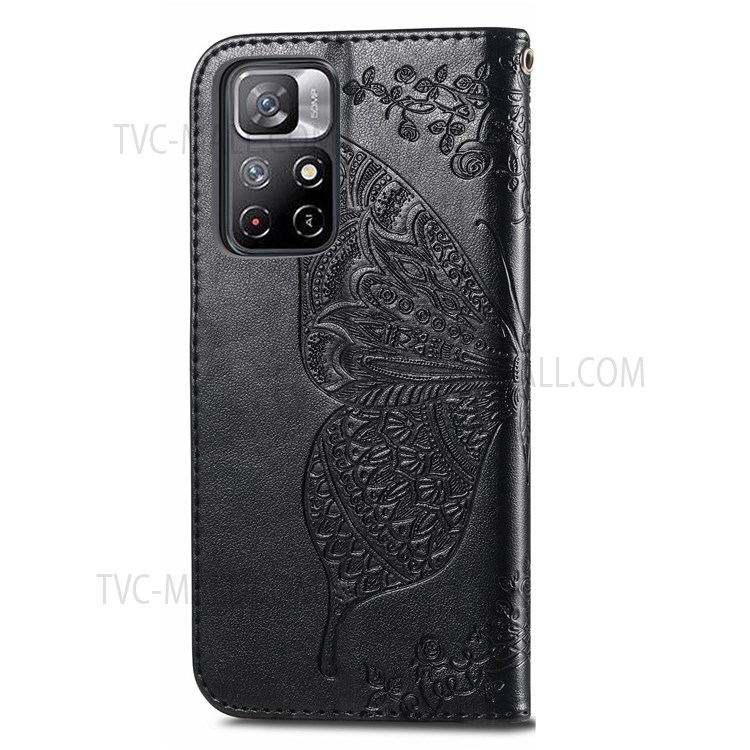 Scratch-resistant Fashionable Imprinted Butterfly Flower PU Leather + TPU Shockproof Phone Case Flip Stand Cover with Strap for Xiaomi Redmi Note 11T 5G / Redmi Note 11 / Poco M4 Pro 5G - Black-10