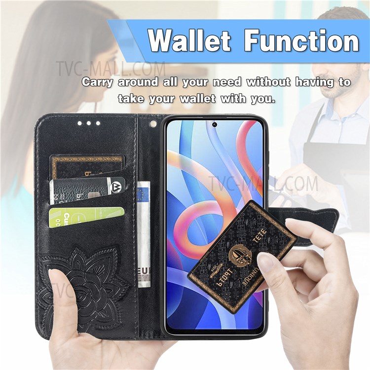 Scratch-resistant Fashionable Imprinted Butterfly Flower PU Leather + TPU Shockproof Phone Case Flip Stand Cover with Strap for Xiaomi Redmi Note 11T 5G / Redmi Note 11 / Poco M4 Pro 5G - Black-3