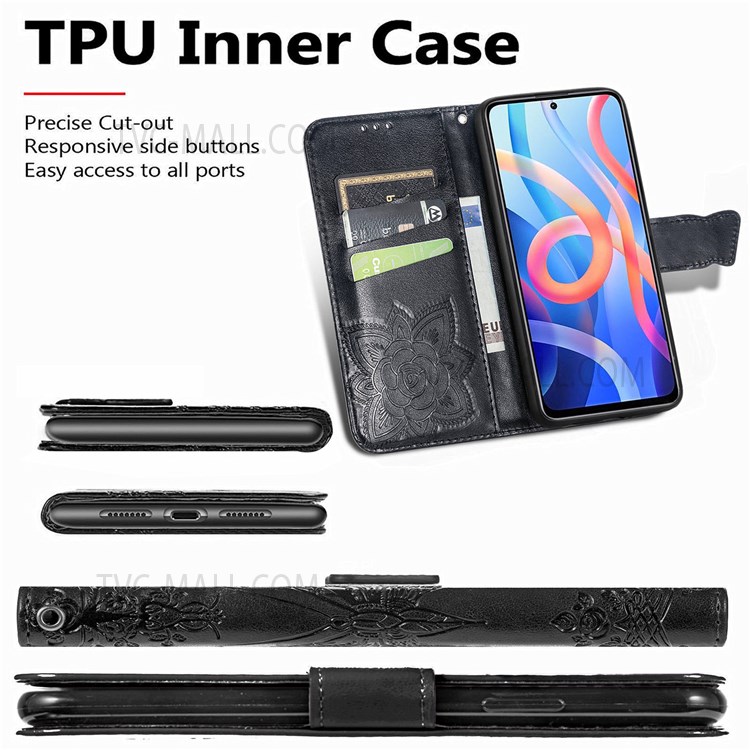 Scratch-resistant Fashionable Imprinted Butterfly Flower PU Leather + TPU Shockproof Phone Case Flip Stand Cover with Strap for Xiaomi Redmi Note 11T 5G / Redmi Note 11 / Poco M4 Pro 5G - Black-4
